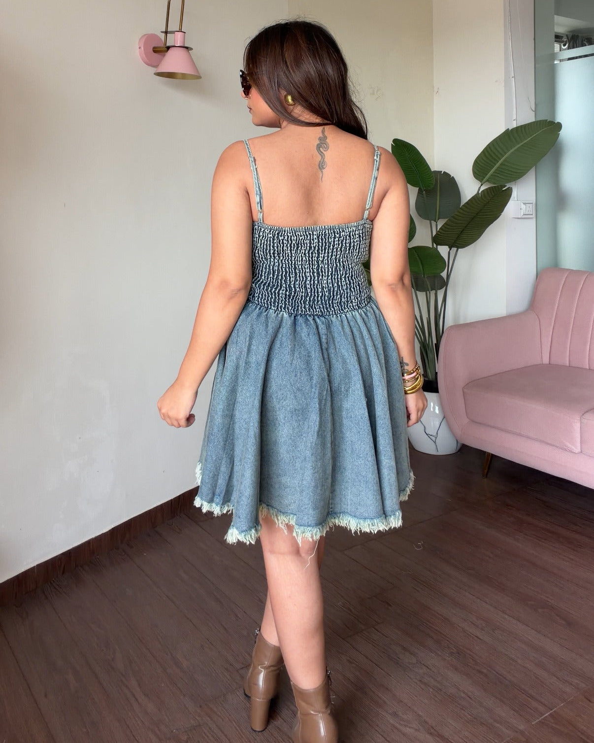 Padded Belt Detailing Denim Skater Dress