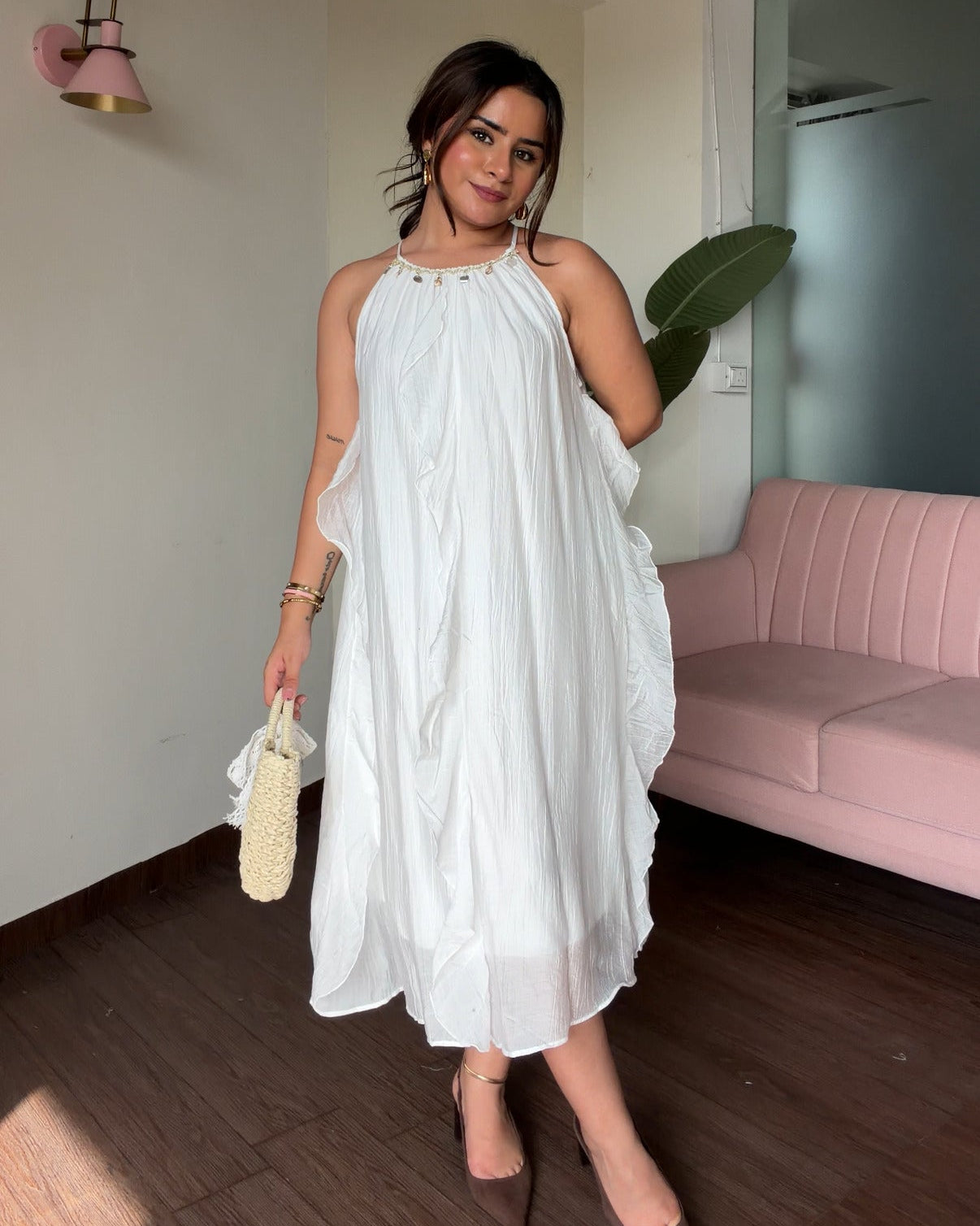 A Line Halter Neck Shell Detailing Ruffle Midi Dress