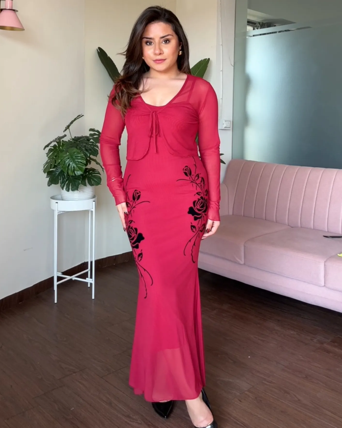 Rose Printed Mermaid Maxi Dress With Shrug