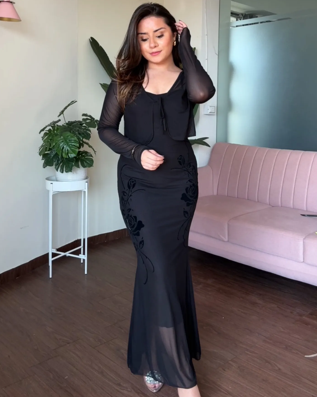 Rose Printed Mermaid Maxi Dress With Shrug