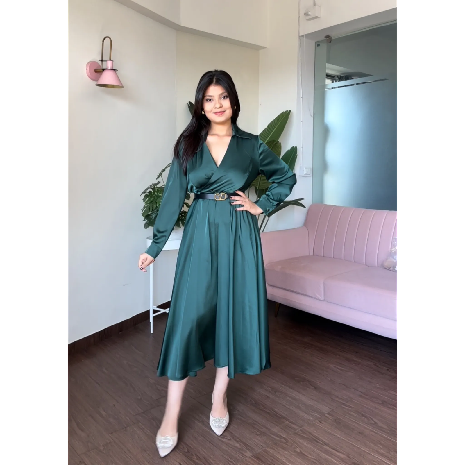 Satin V Neck Midi Dress With Belt