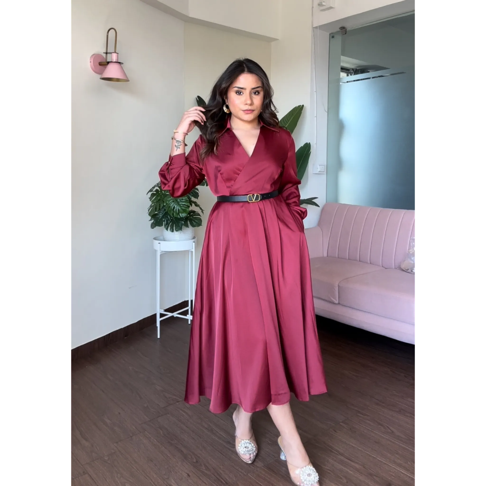 Satin V Neck Midi Dress With Belt