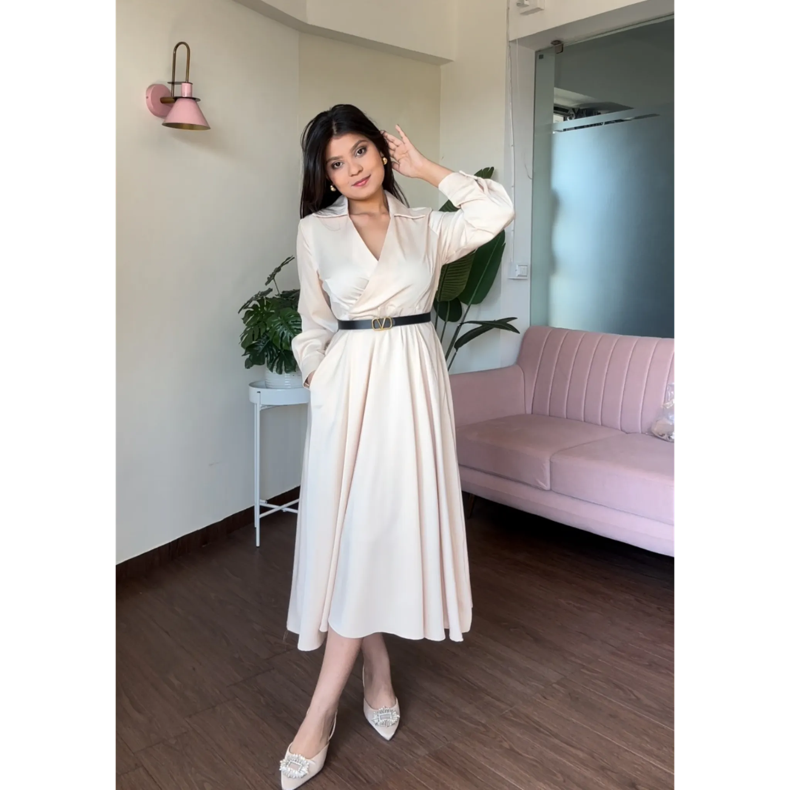 Satin V Neck Midi Dress With Belt