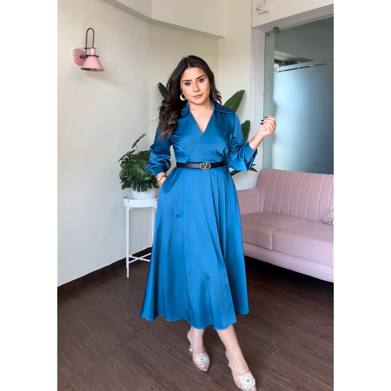 Satin V Neck Midi Dress With Belt