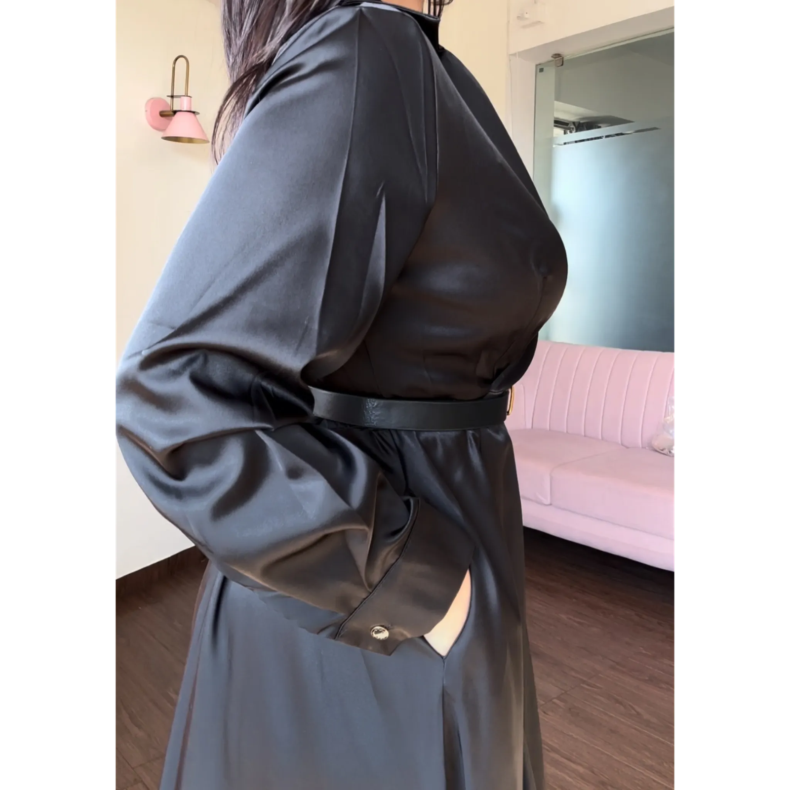 Satin V Neck Midi Dress With Belt