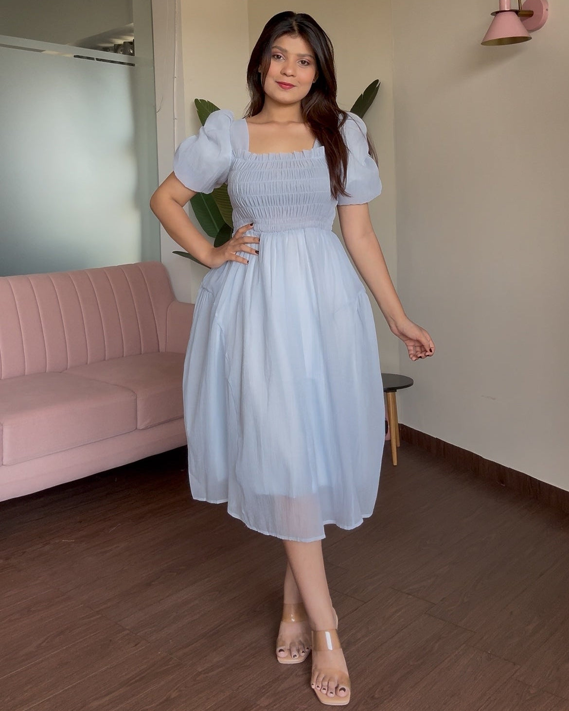 Smocked Puff Sleeve Tissue Organza Dress