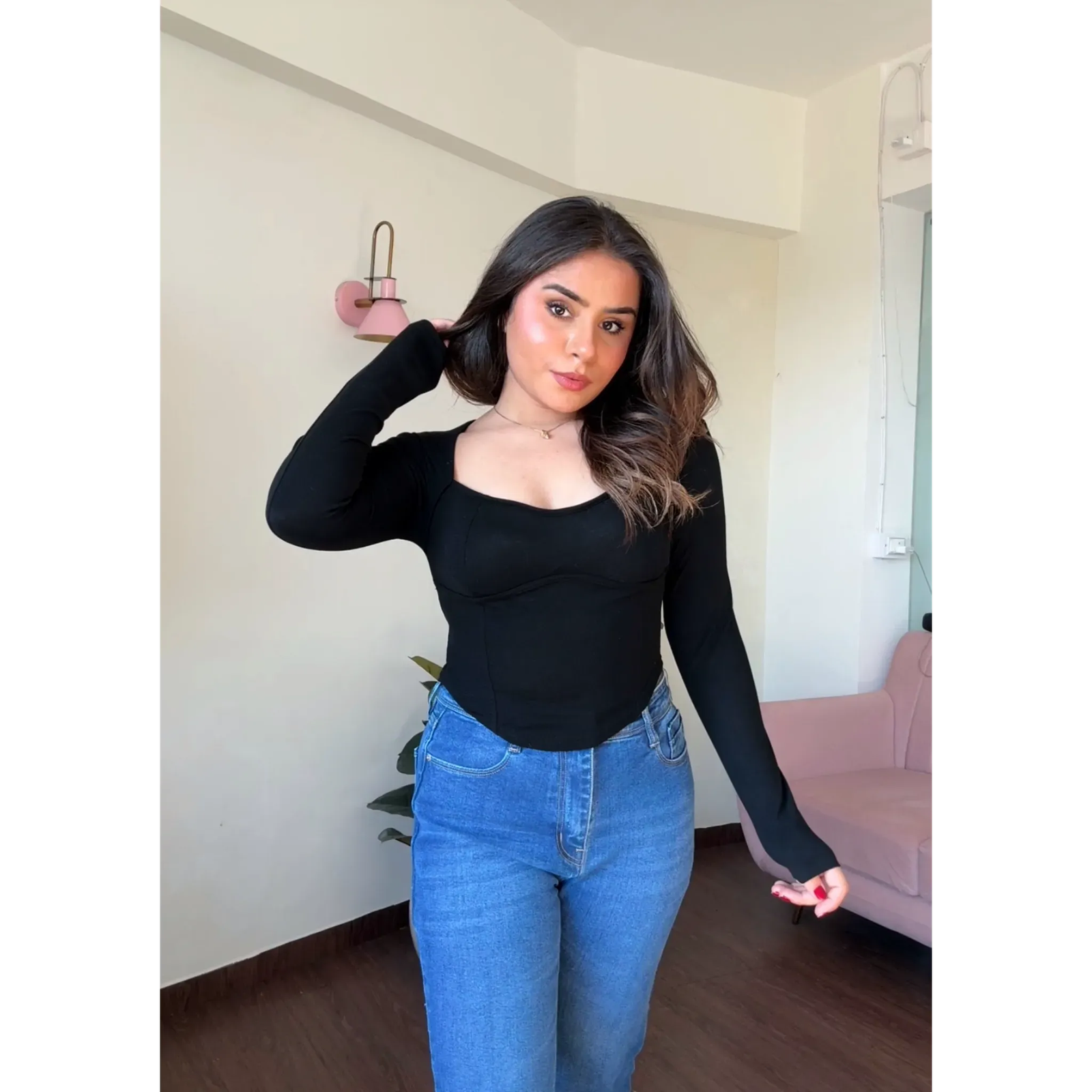 Scoop Hem Padded Full Sleeve Top