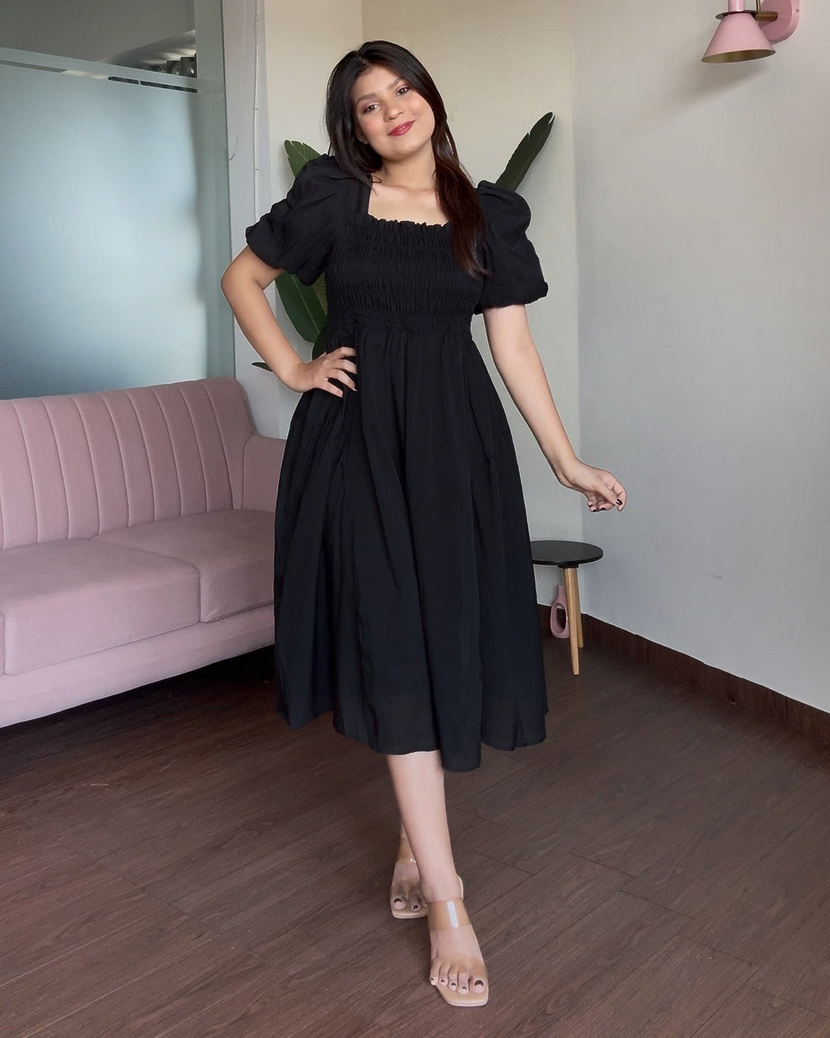 Smocked Puff Sleeve Tissue Organza Dress