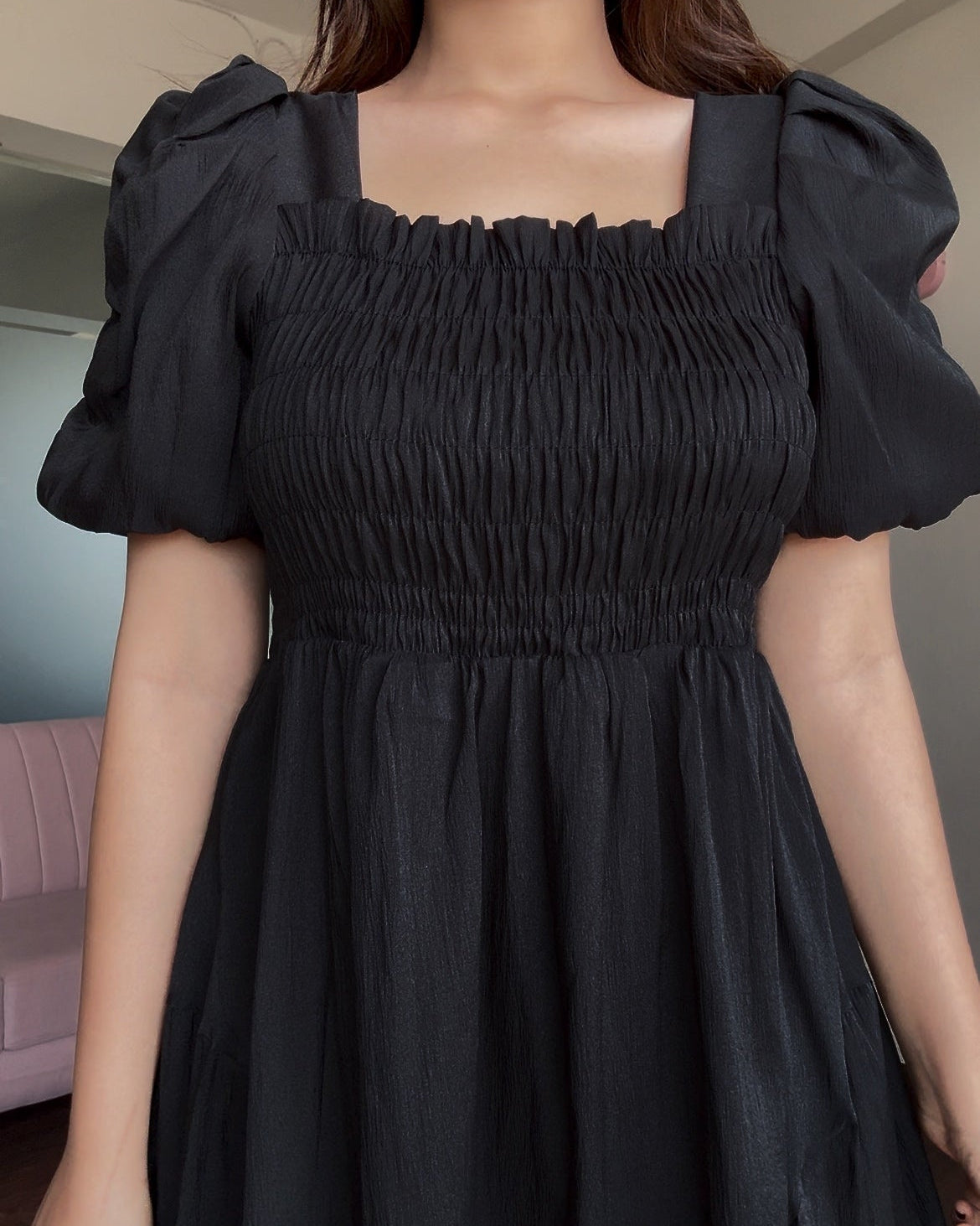 Smocked Puff Sleeve Tissue Organza Dress