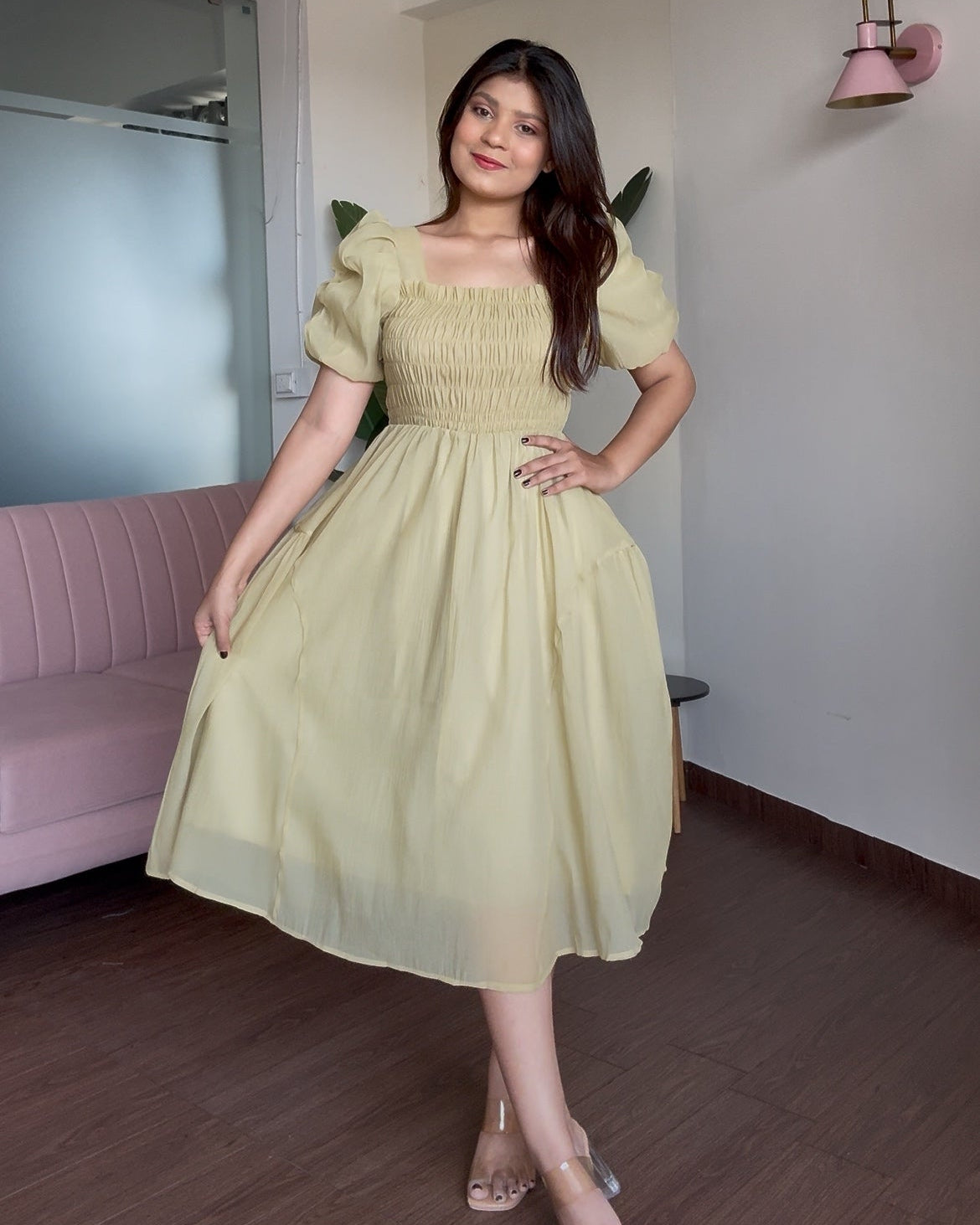 Smocked Puff Sleeve Tissue Organza Dress