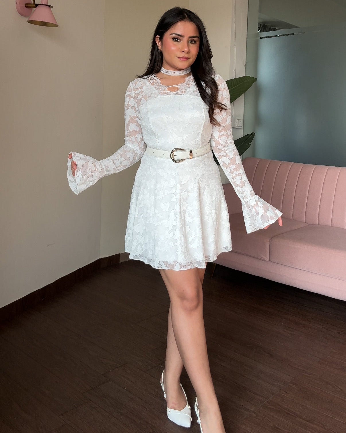 Lace Detailing Bell Sleeve Dress With Choker And Belt