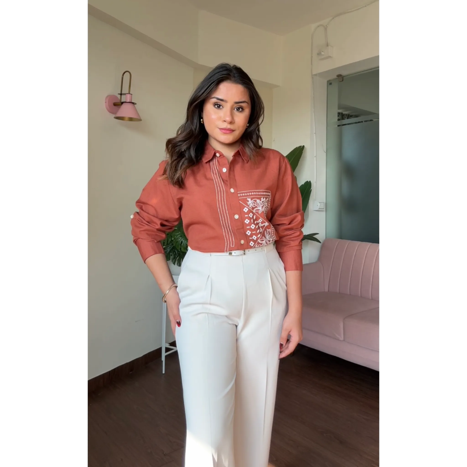 Linen Contrast Embroidery Shirt