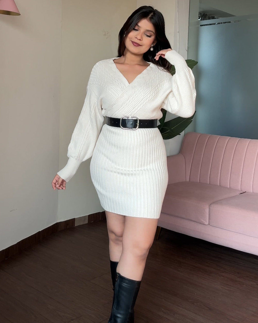 V Neck Soft Knitted Mini Dress