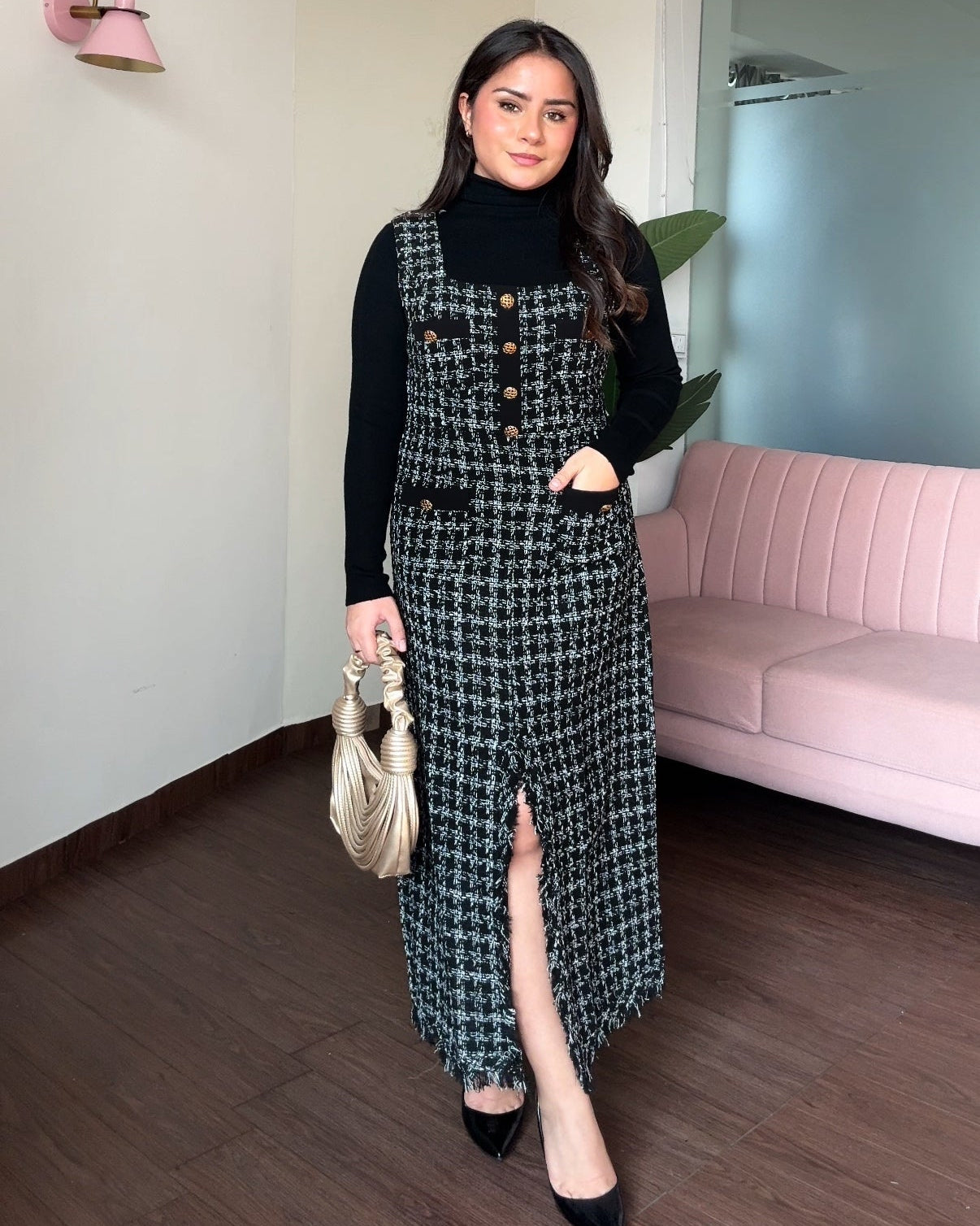 Cut Sleeve Tweed Midi Dress With Inner