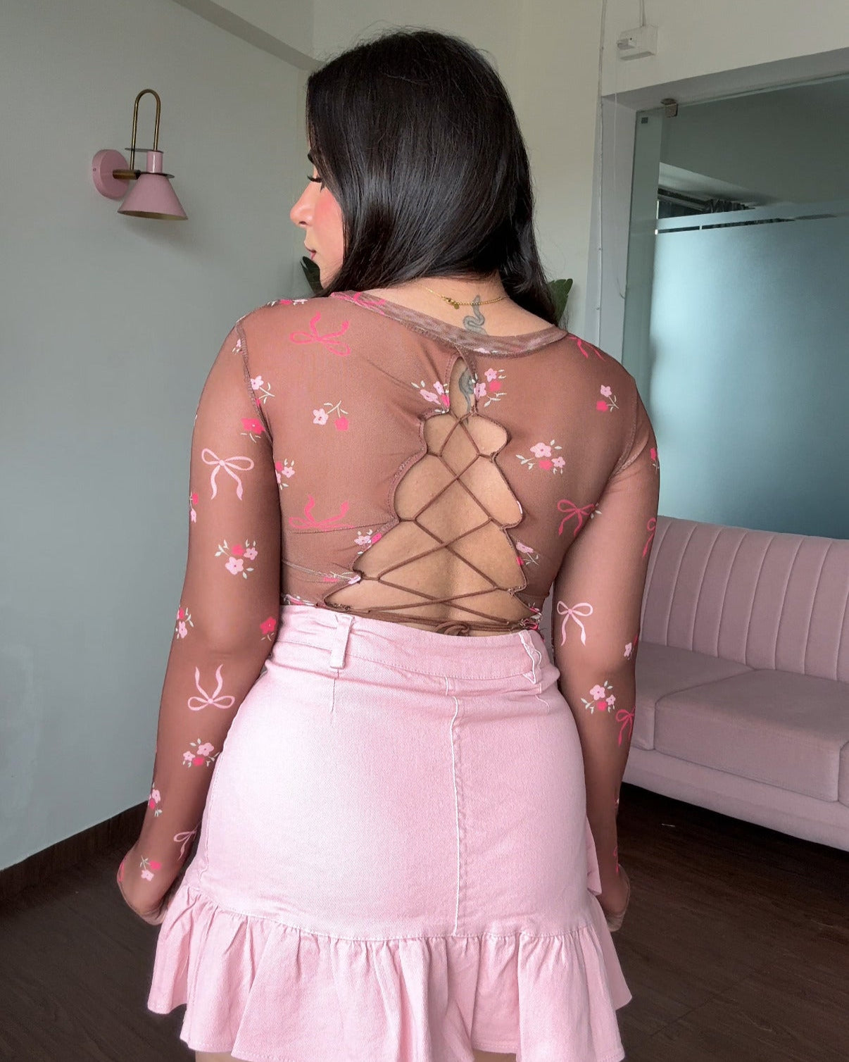 Bow Mesh Backless Padded Top