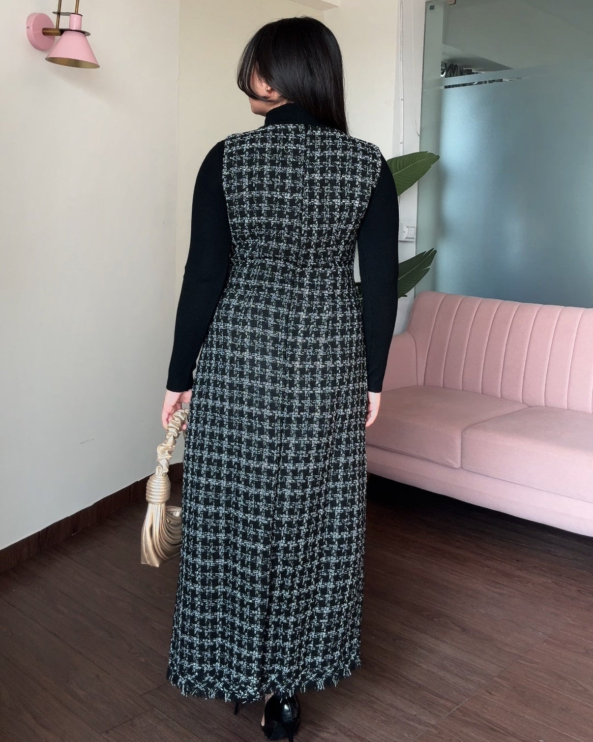 Cut Sleeve Tweed Midi Dress With Inner