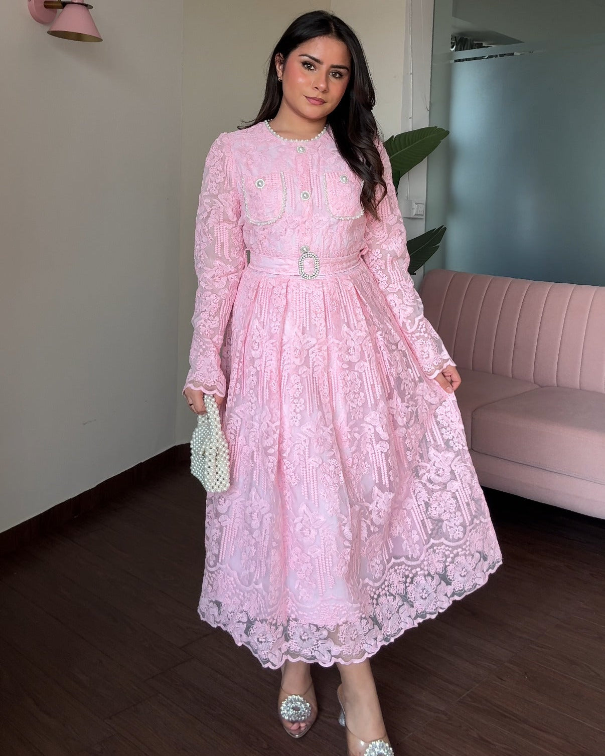 Lacy Pearl Detailing Midi Dress With Belt