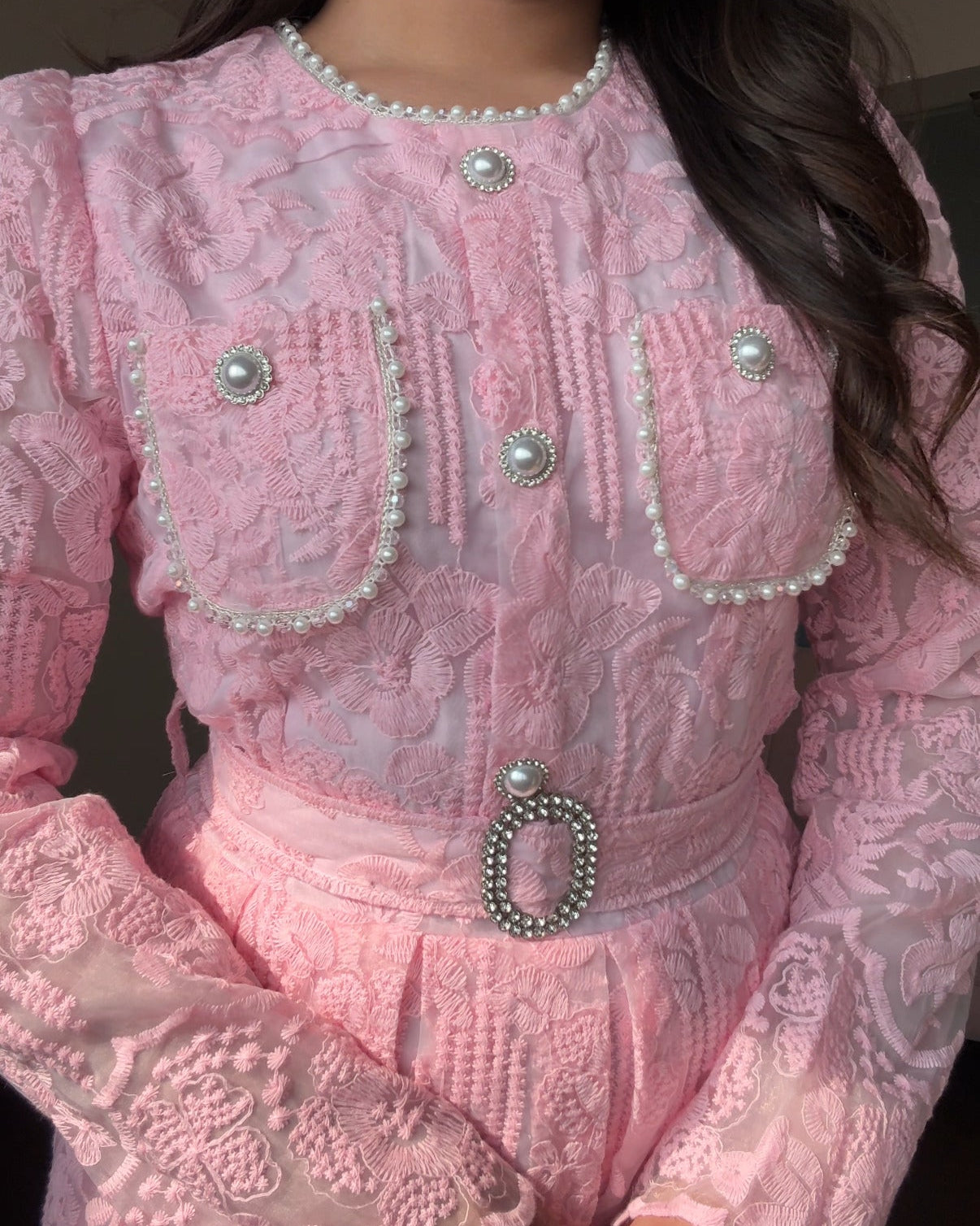 Lacy Pearl Detailing Midi Dress With Belt