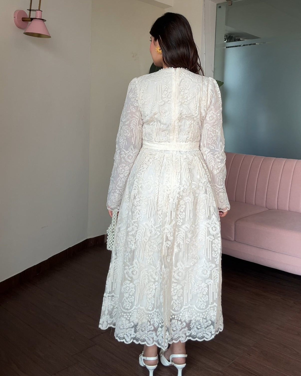 Lacy Pearl Detailing Midi Dress With Belt