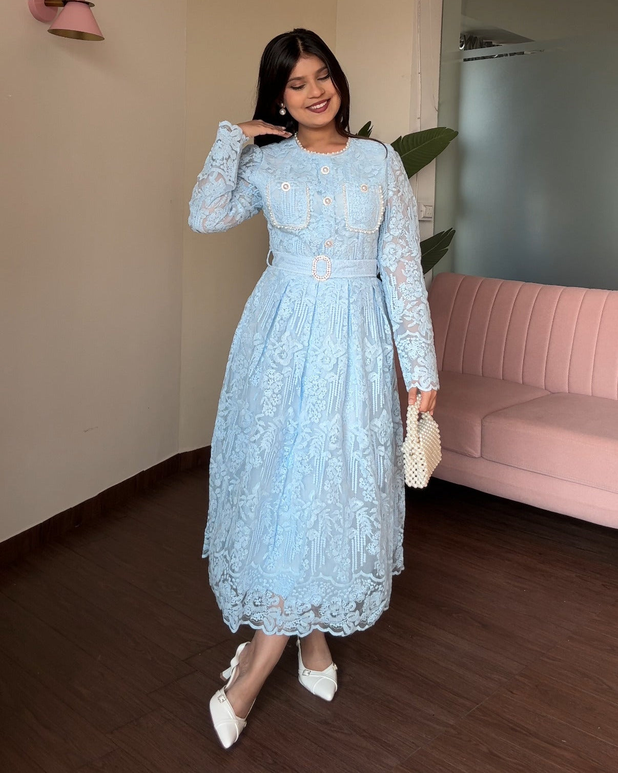 Lacy Pearl Detailing Midi Dress With Belt