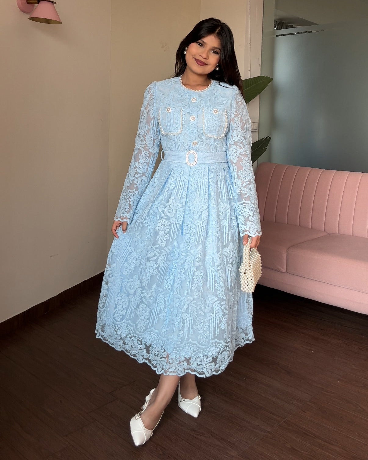 Lacy Pearl Detailing Midi Dress With Belt