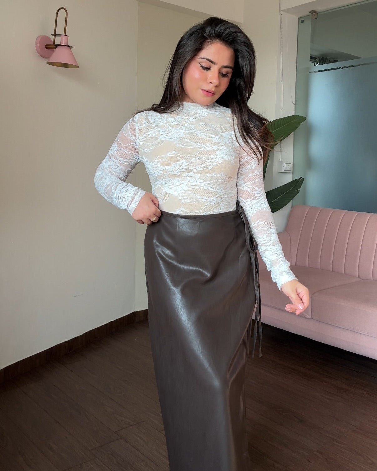 Lacy Double Layered Highneck Bodysuit Full Sleeve