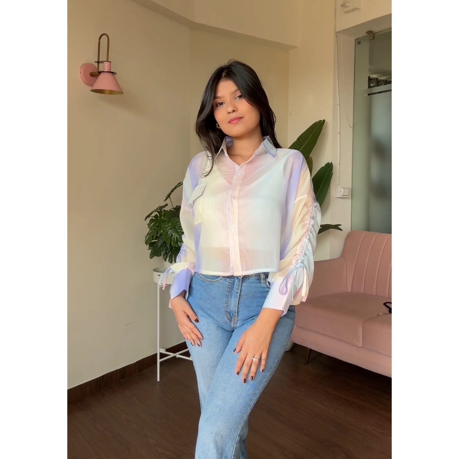 Shaded Tissue Rainbow Crop Shirt With Cami Top