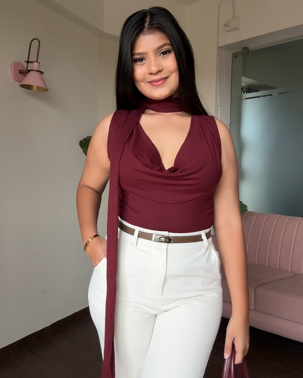 Cut Sleeve Cowl Neck Tie Up Top