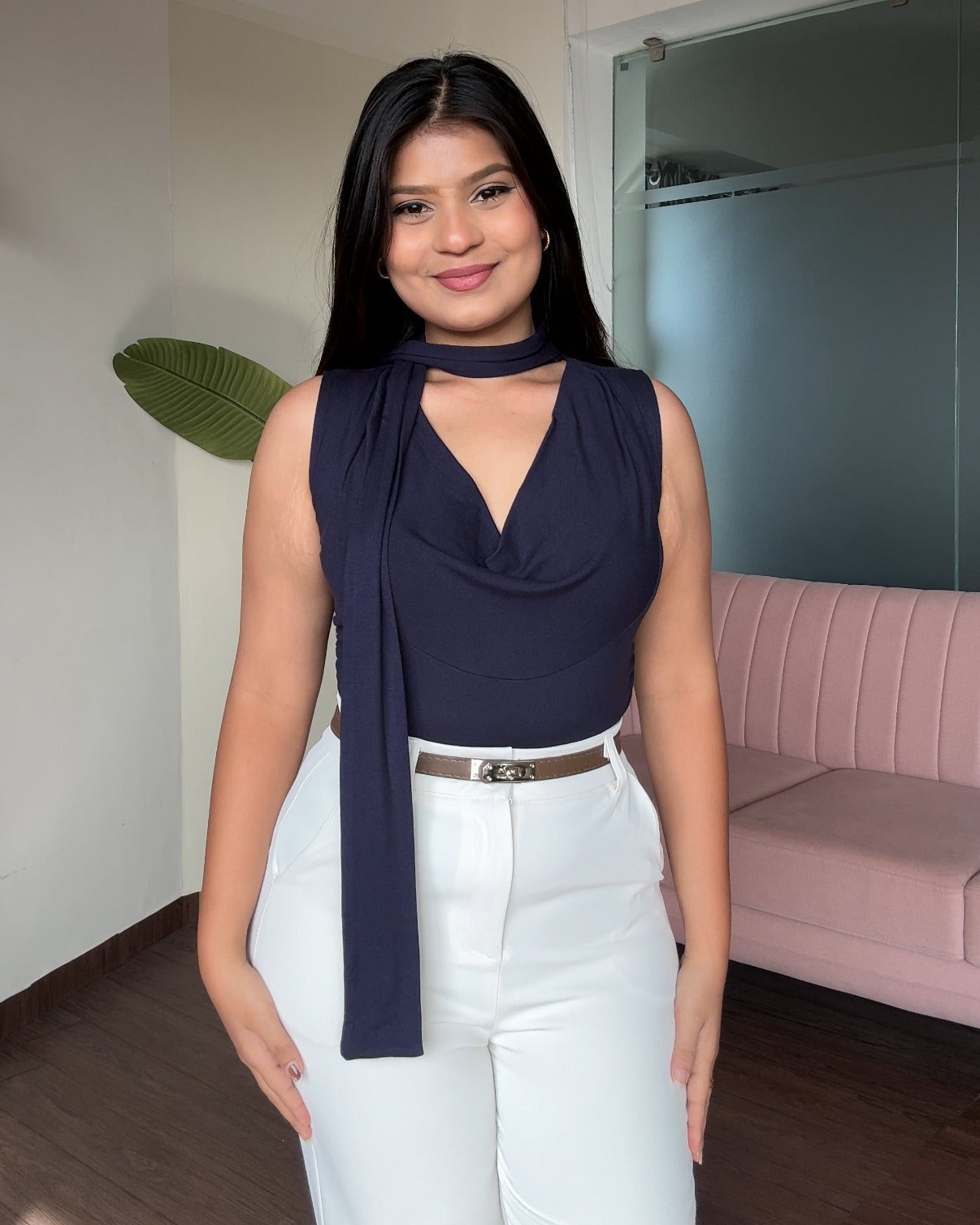 Cut Sleeve Cowl Neck Tie Up Top