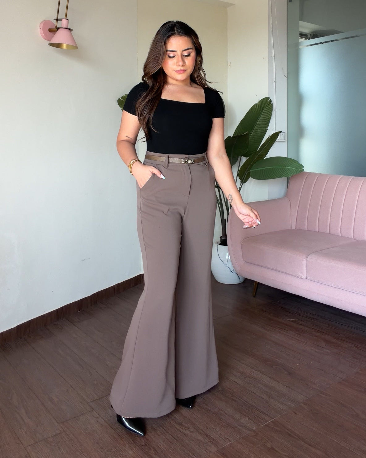Flared Wide Legged Detailing Pants With Belt
