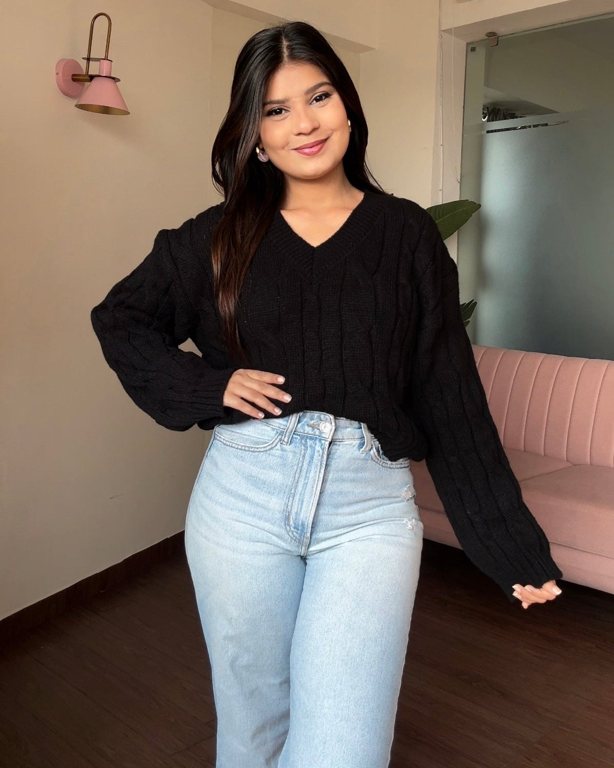 V Neck Textured Baggy Sweater