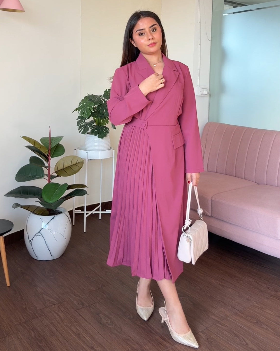 Collared Pleated Detailing Midi Blazer Dress