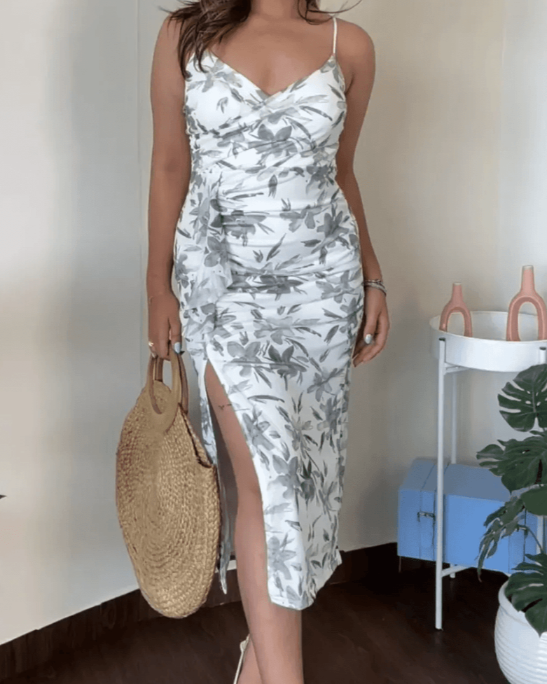 Mesh Floral Midi Slit  Dress