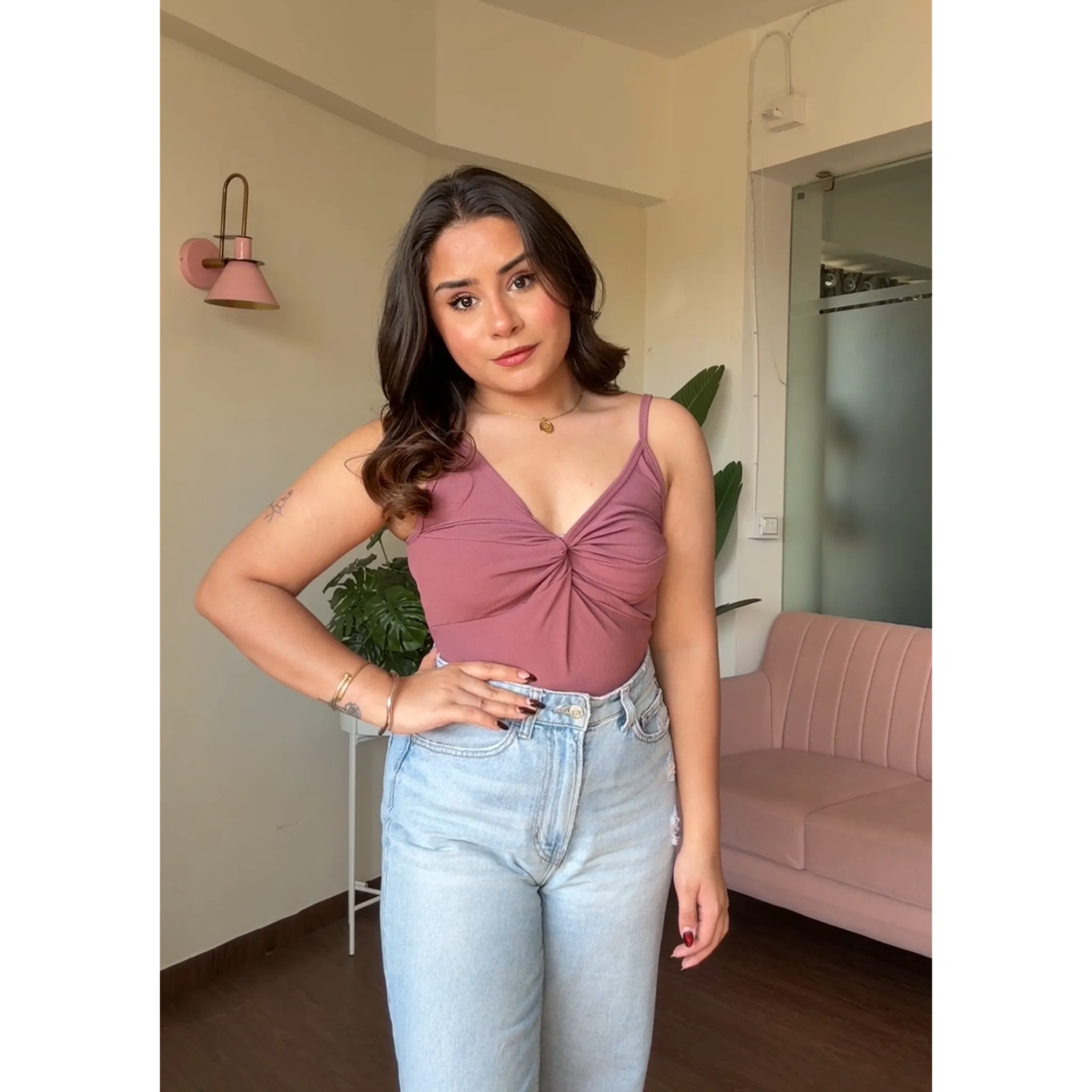 V Neck Ruched Fitted Cami Top