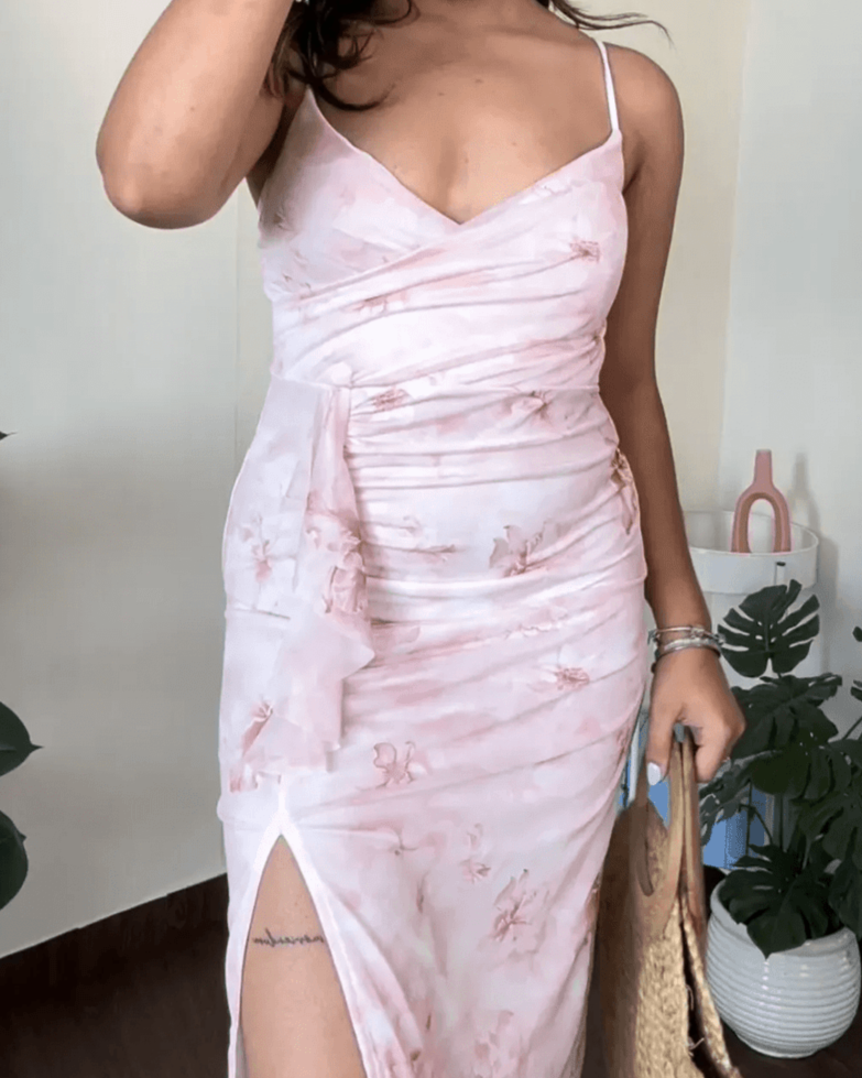 Mesh Floral Midi Slit  Dress