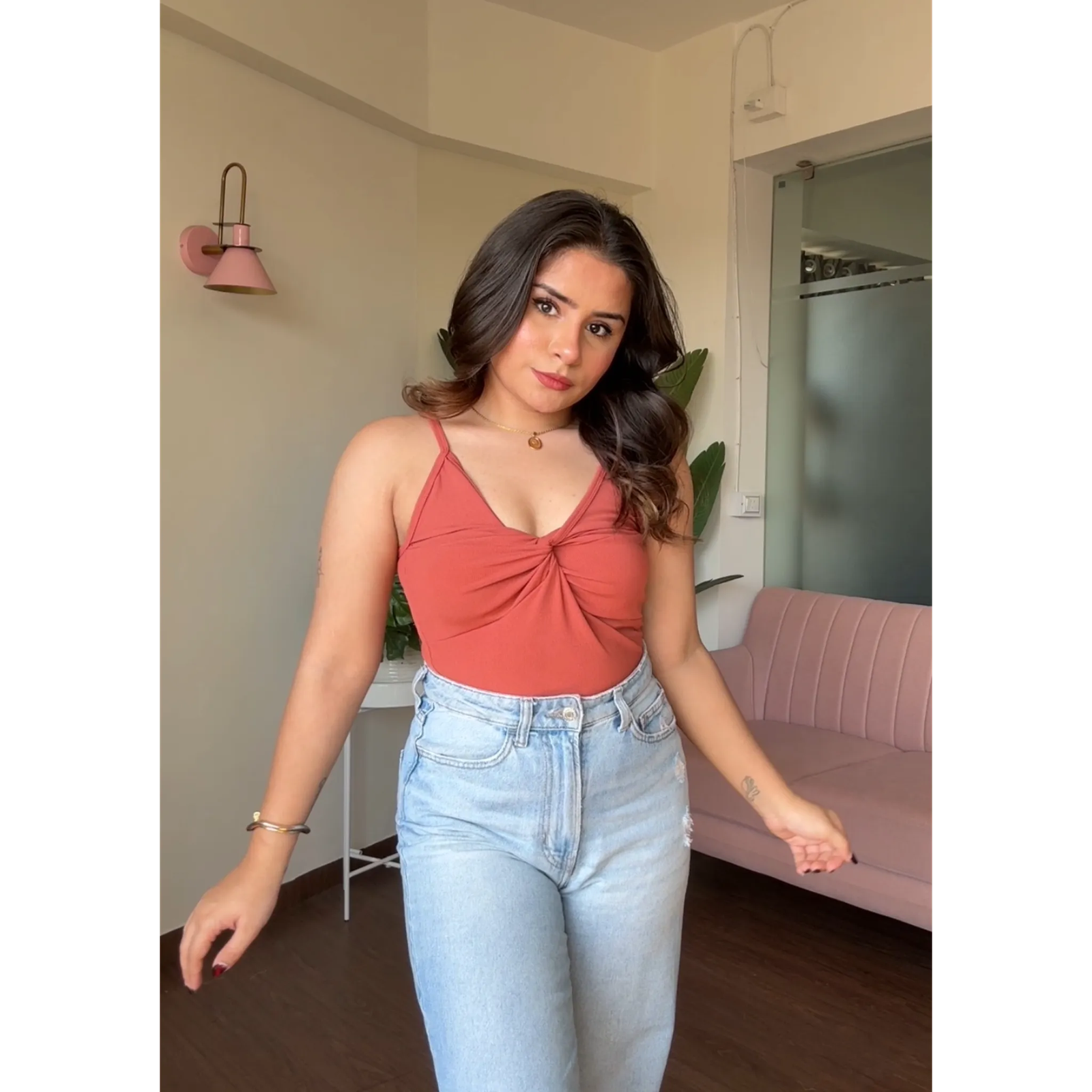 V Neck Ruched Fitted Cami Top