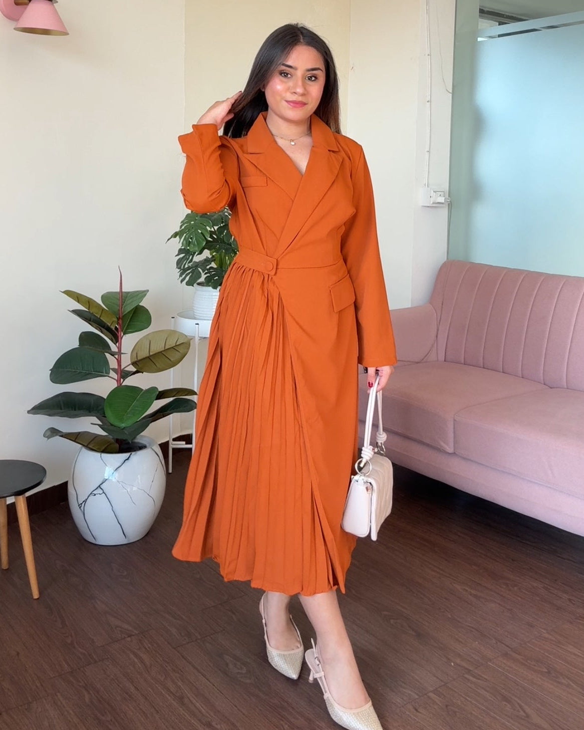 Collared Pleated Detailing Midi Blazer Dress