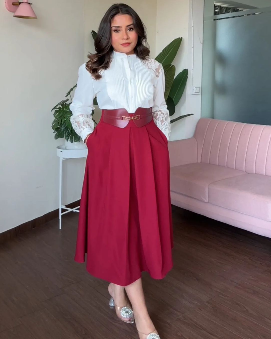 Flared Leather Belted Midi Skirt