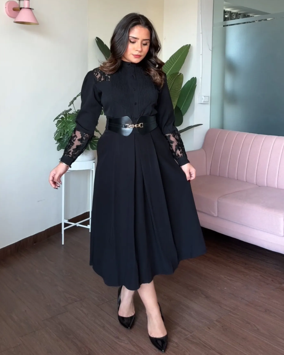 Flared Leather Belted Midi Skirt