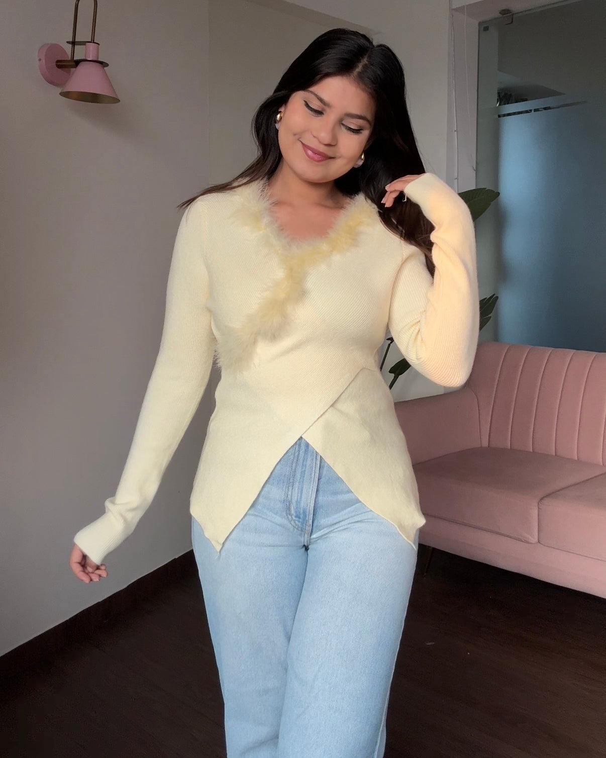 Fur Detailing Criss Cross Full Sleeve Top