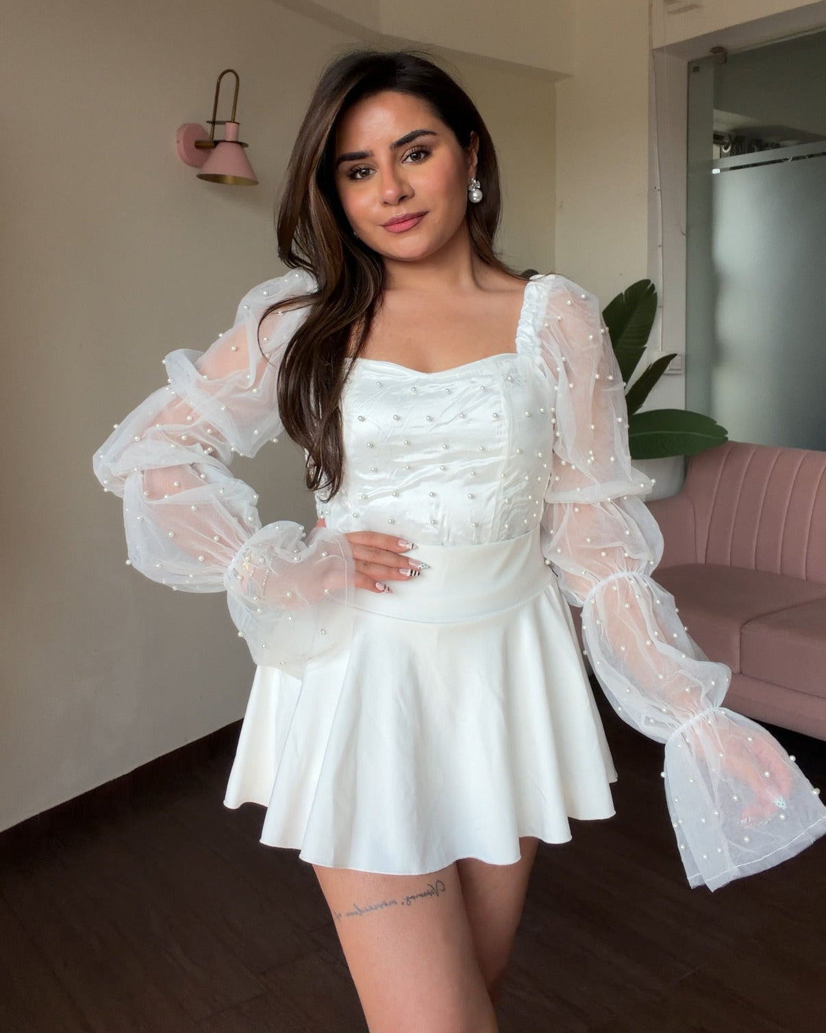 Pearl Embellished Puff Sleeve Top