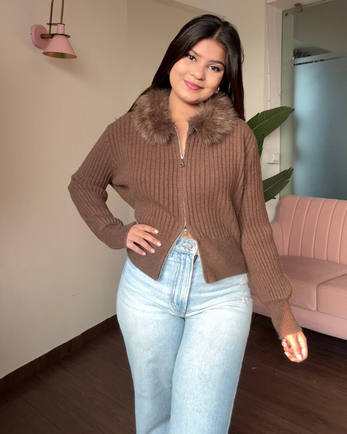 Fur Collar Zip Up Sweater Top