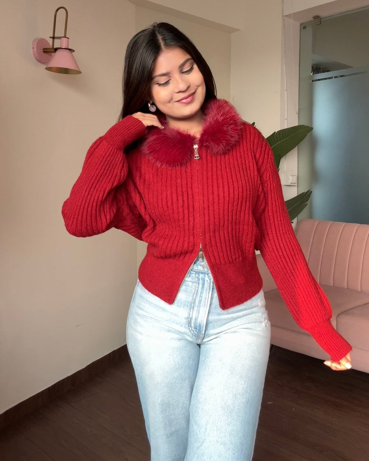 Fur Collar Zip Up Sweater Top