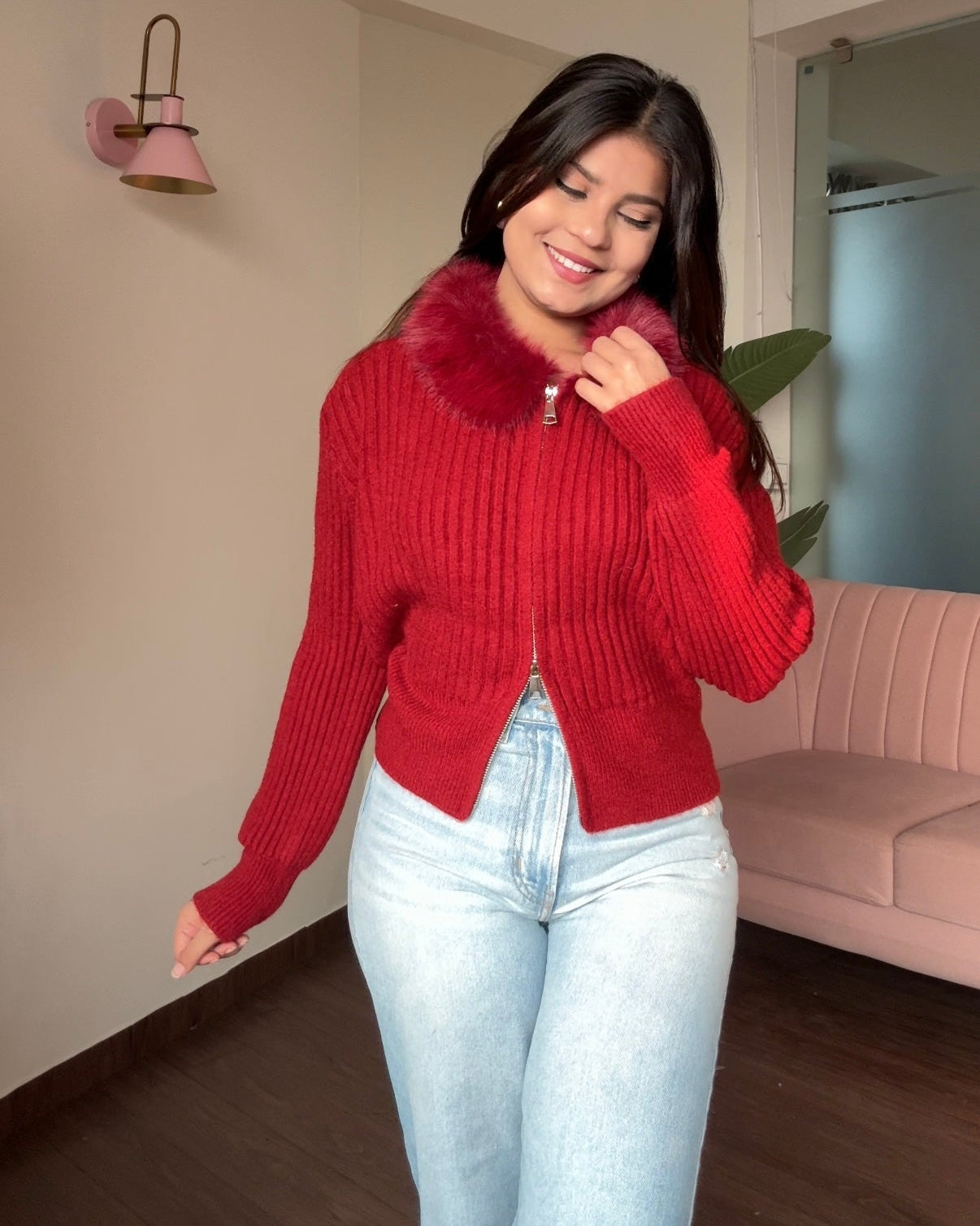 Fur Collar Zip Up Sweater Top