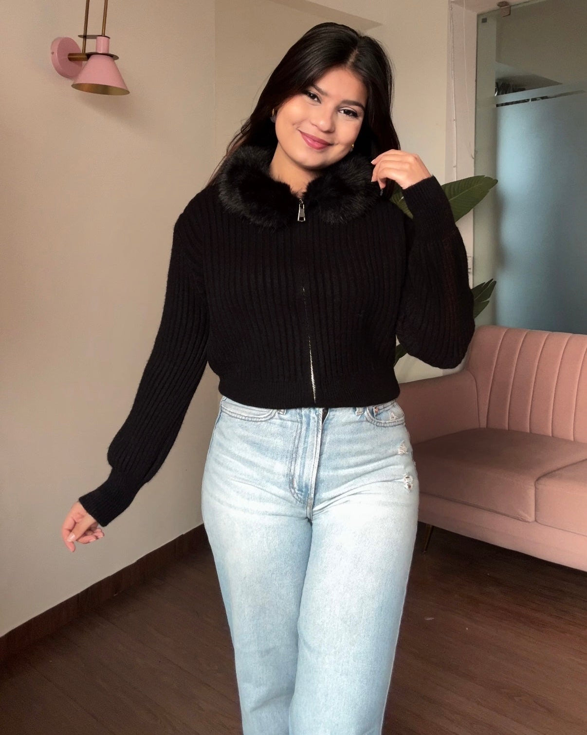 Fur Collar Zip Up Sweater Top