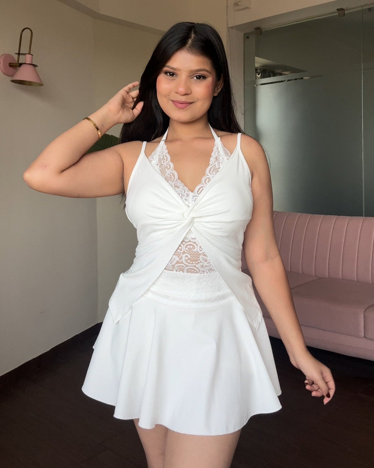 Knot Detailing Lacy Double Layered Padded Cami Top