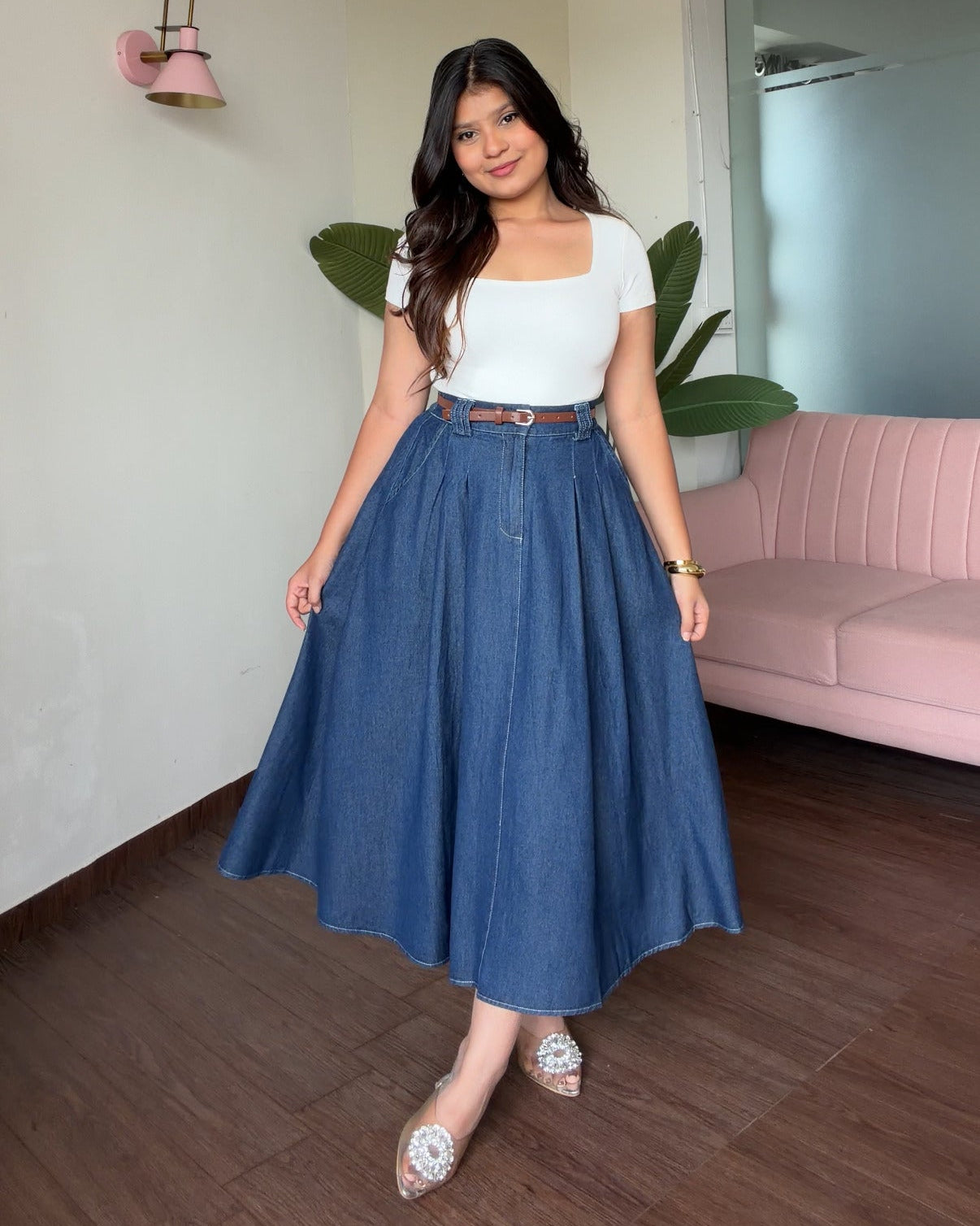 Denim A Line Pleated Midi Skirt