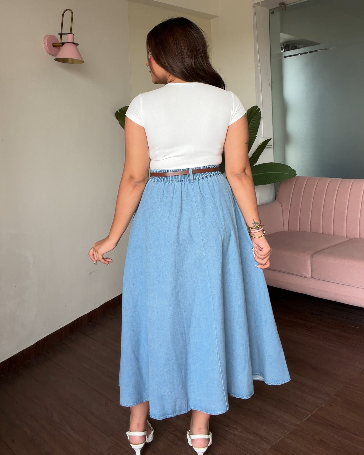 Denim A Line Pleated Midi Skirt