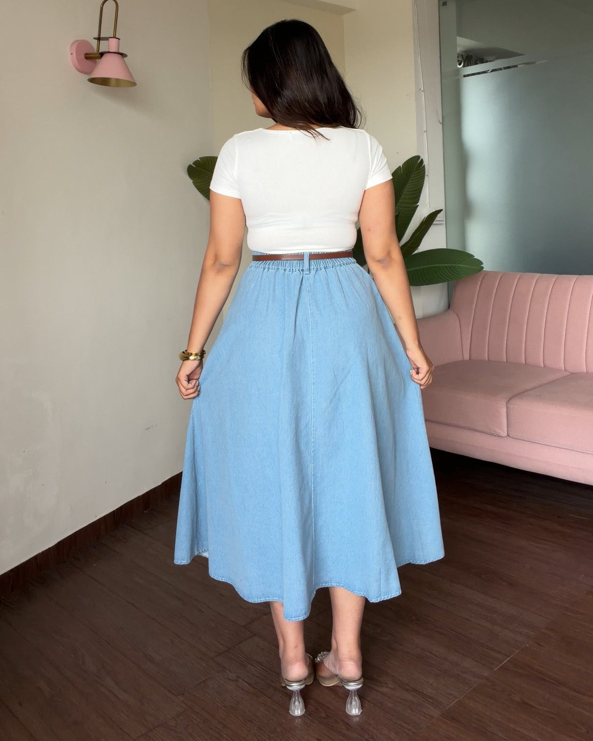 Denim A Line Flared Midi Skirt