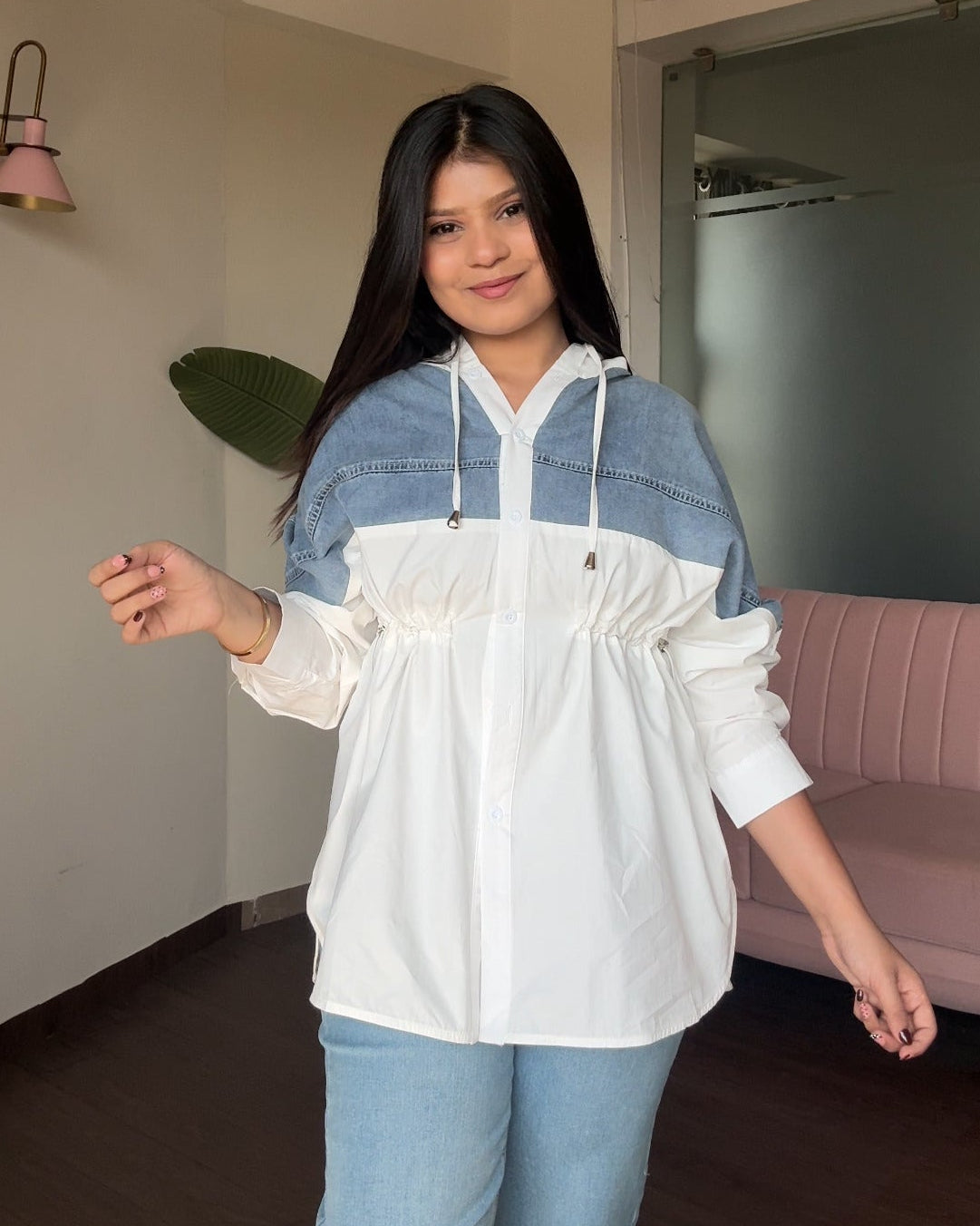 Solid Denim Hooded Shirt